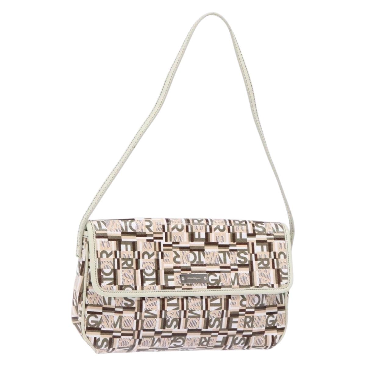 Salvatore Ferragamo Accessory Pouch PVC Beige Silver Auth BA5509