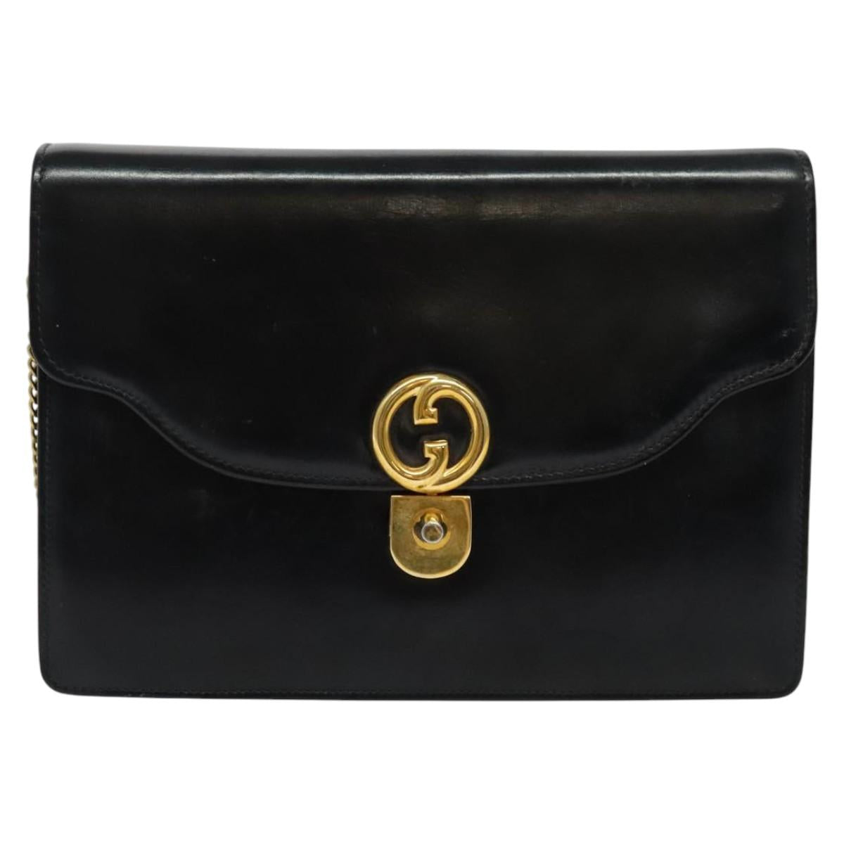 GUCCI Chain Shoulder Bag Leather Vintage Black Gold Auth BA5518