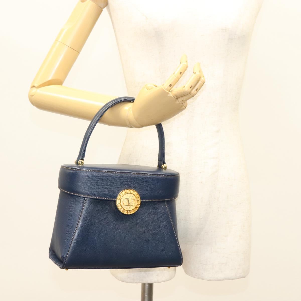 VALENTINO Hand Bag Leather Navy Gold Auth BA5531