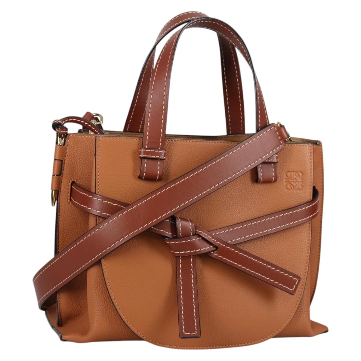 LOEWE Gate Top Handle bag Hand Bag Leather Brown Gold Auth BA5553M