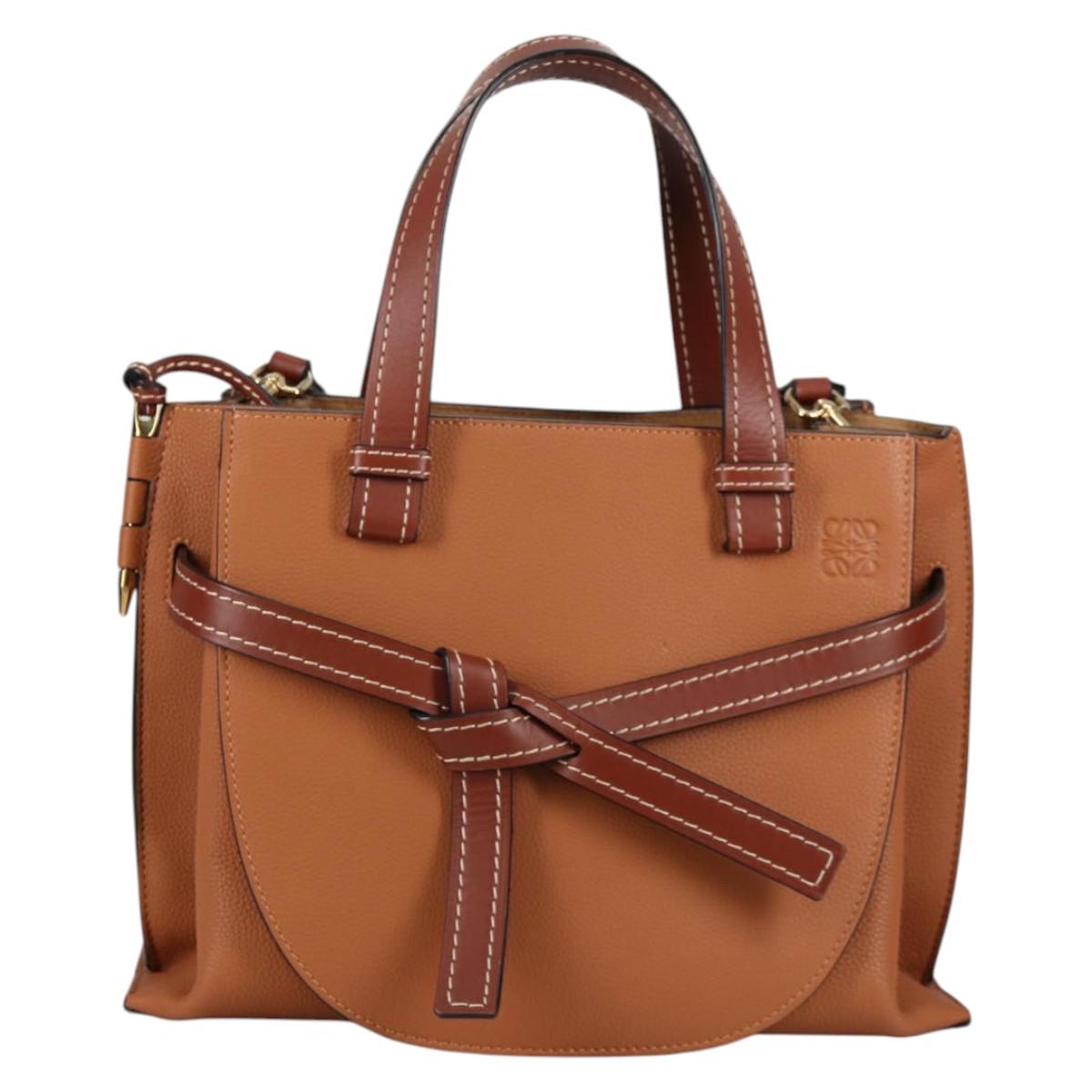 LOEWE Gate Top Handle bag Hand Bag Leather Brown Gold Auth BA5553M