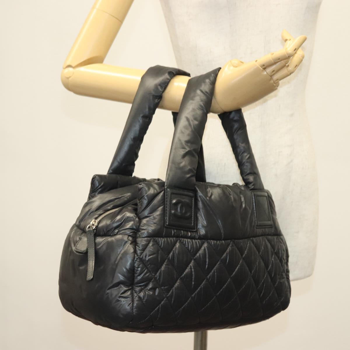 CHANEL Cococoon Hand Bag Nylon Black Silver CC Auth BA5555