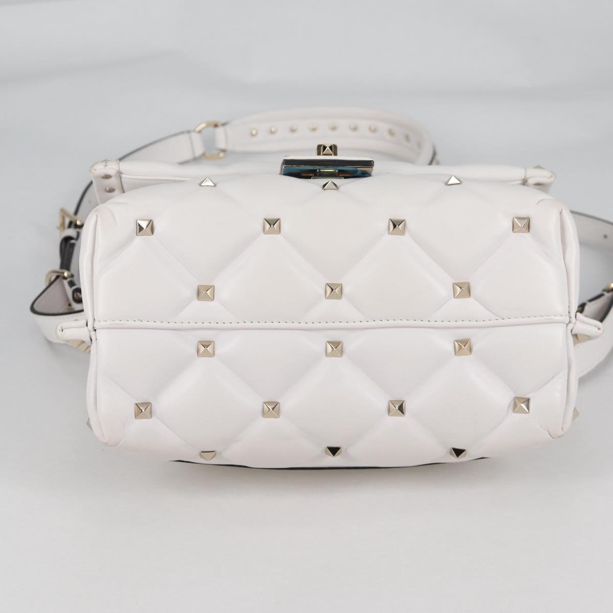 VALENTINO Candy Studs Hand Bag Leather 2way White Gold Auth BA5556