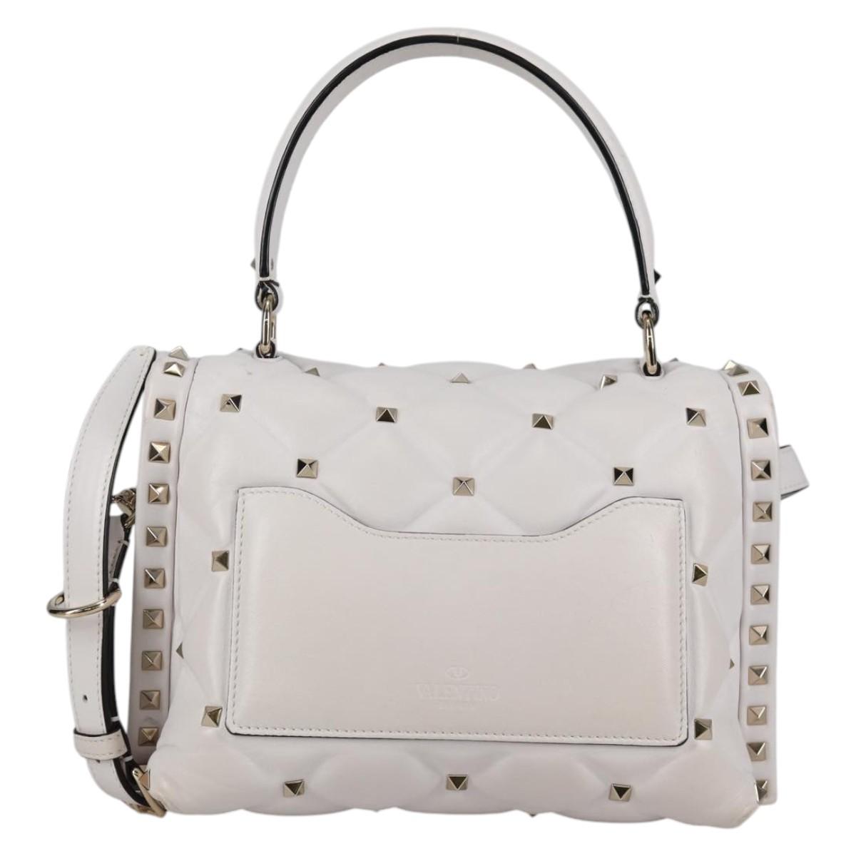 VALENTINO Candy Studs Hand Bag Leather 2way White Gold Auth BA5556