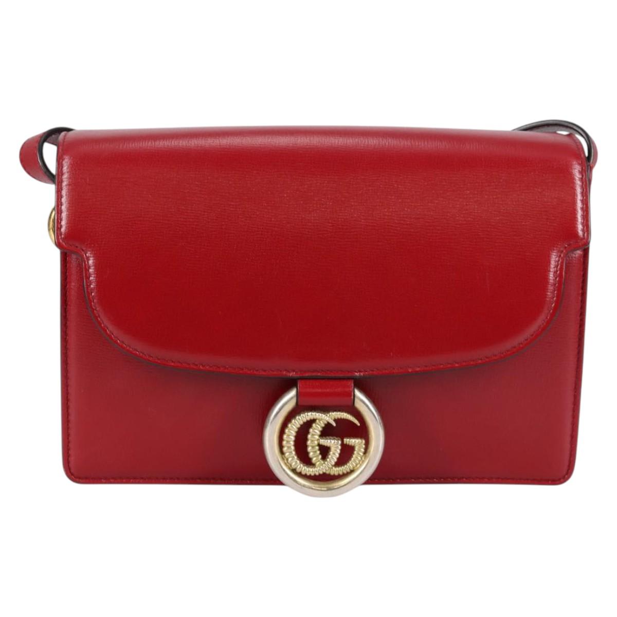GUCCI GG Marmont Shoulder Bag Leather Red Gold 589474 Auth BA5558V