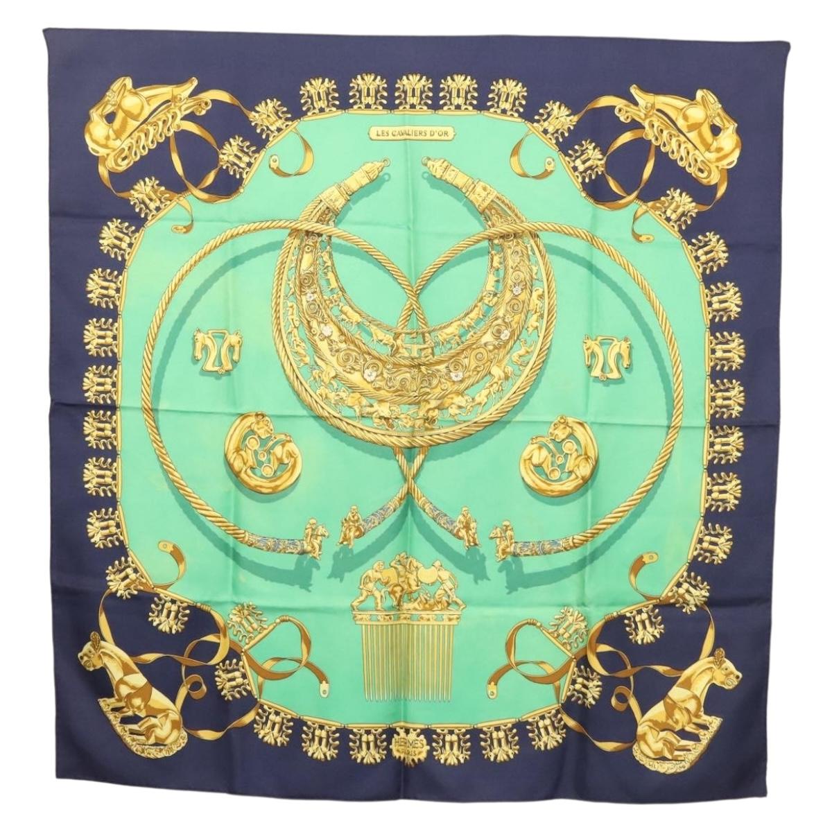 HERMES Carre 90 Scarf ""LES CAVALIERS D'OR"" Silk Green Auth BA5572