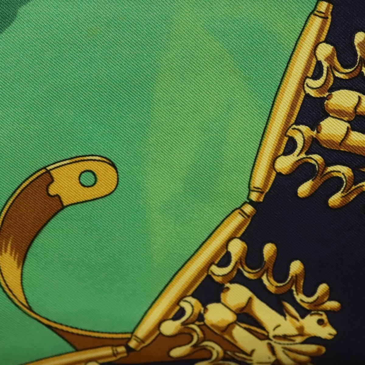 HERMES Carre 90 Scarf ""LES CAVALIERS D'OR"" Silk Green Auth BA5572