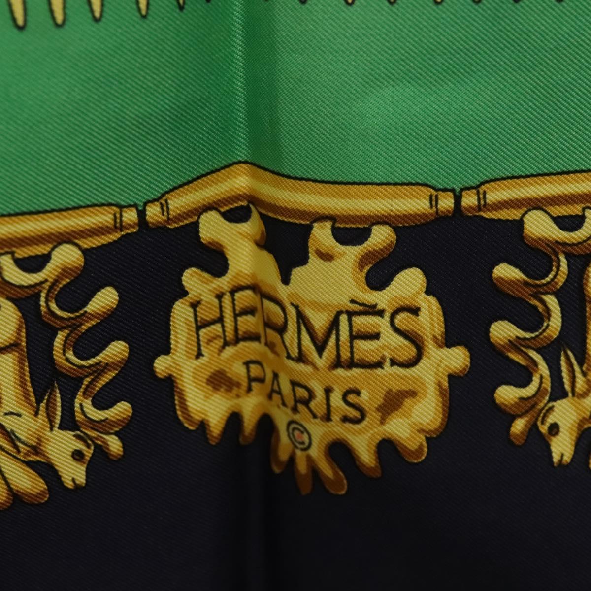 HERMES Carre 90 Scarf ""LES CAVALIERS D'OR"" Silk Green Auth BA5572