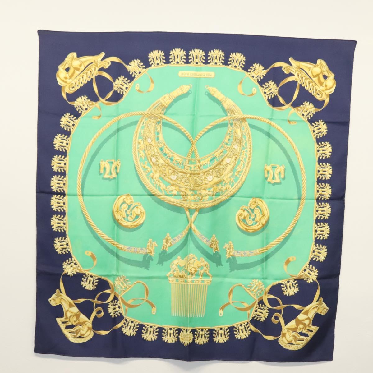 HERMES Carre 90 Scarf ""LES CAVALIERS D'OR"" Silk Green Auth BA5572