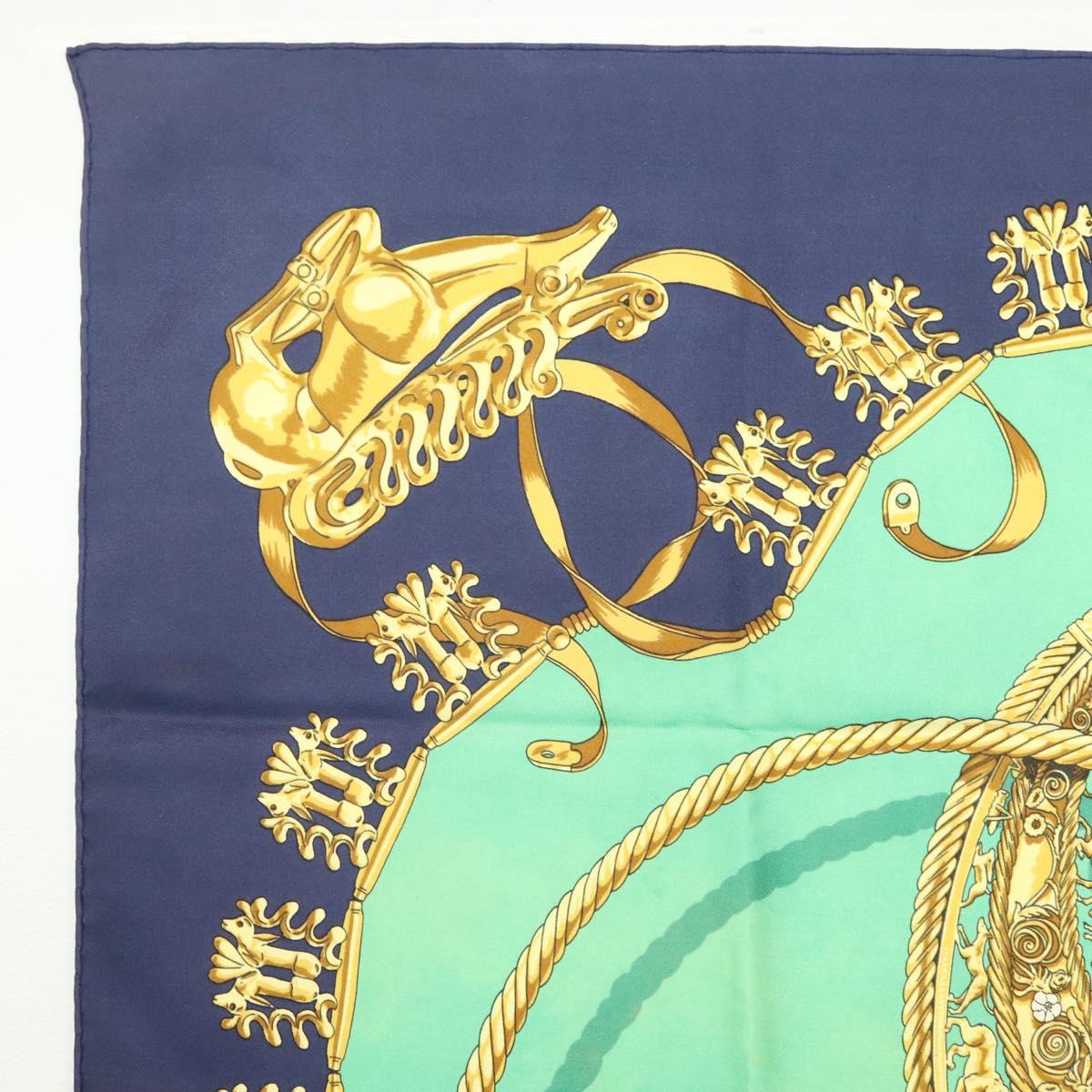 HERMES Carre 90 Scarf ""LES CAVALIERS D'OR"" Silk Green Auth BA5572