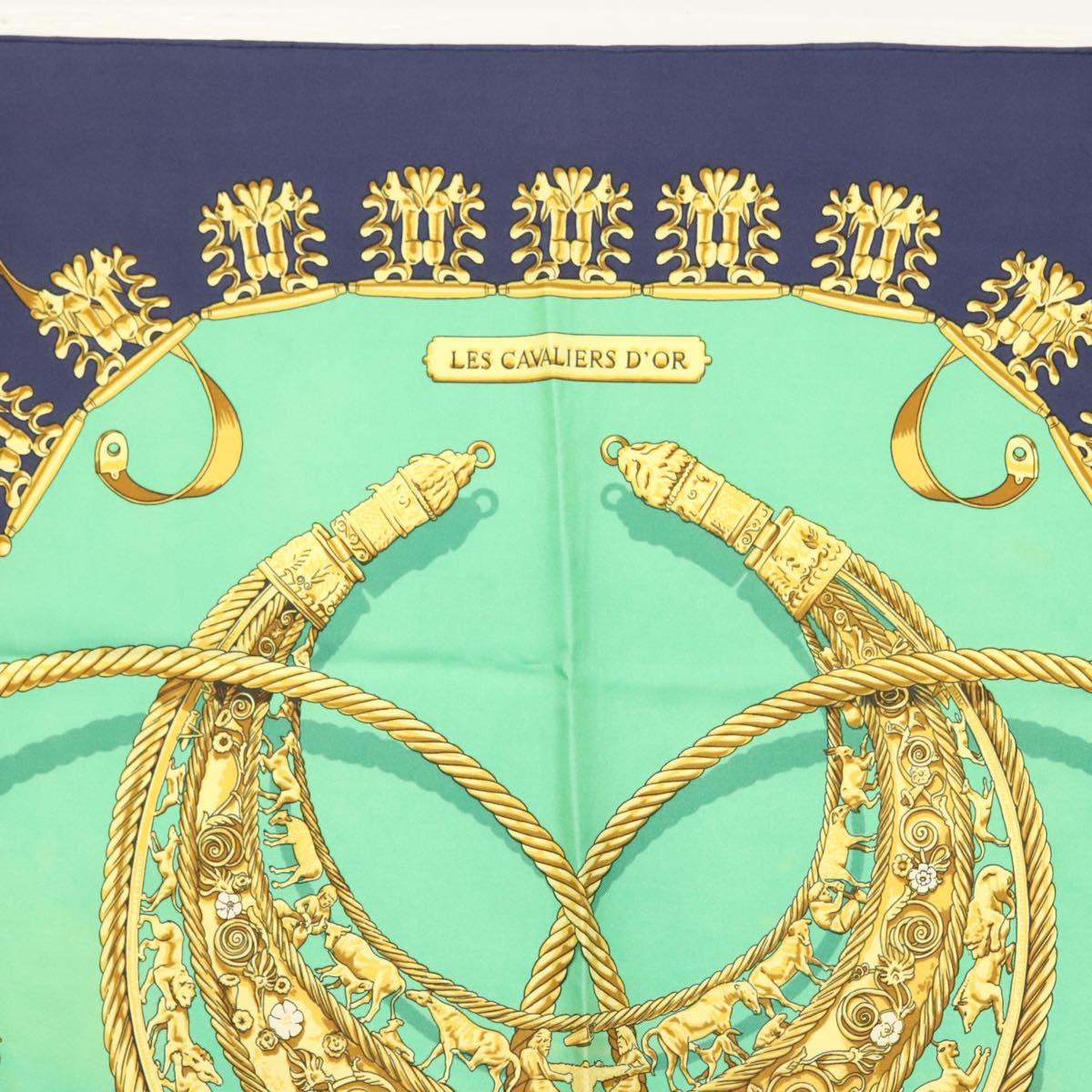 HERMES Carre 90 Scarf ""LES CAVALIERS D'OR"" Silk Green Auth BA5572