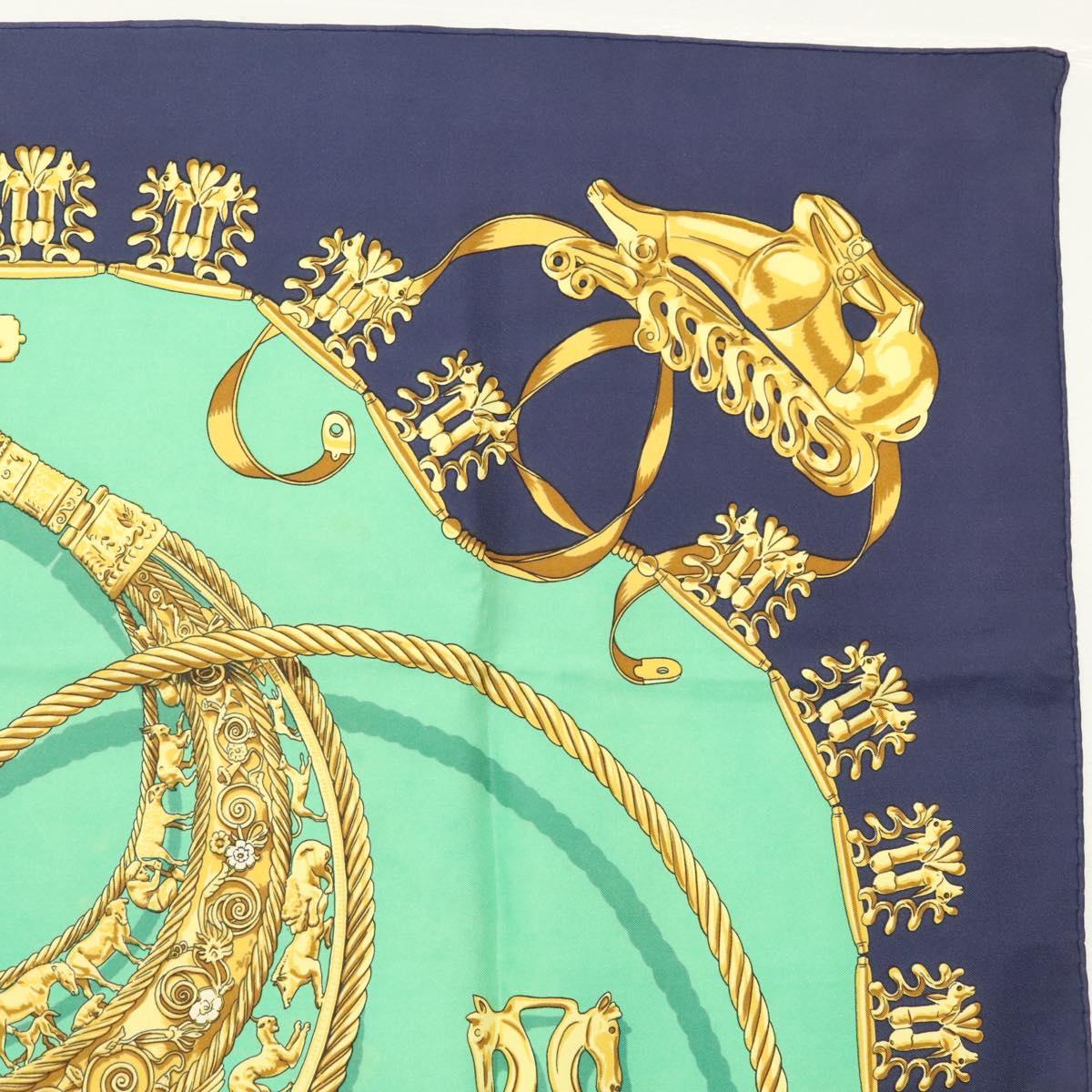 HERMES Carre 90 Scarf ""LES CAVALIERS D'OR"" Silk Green Auth BA5572