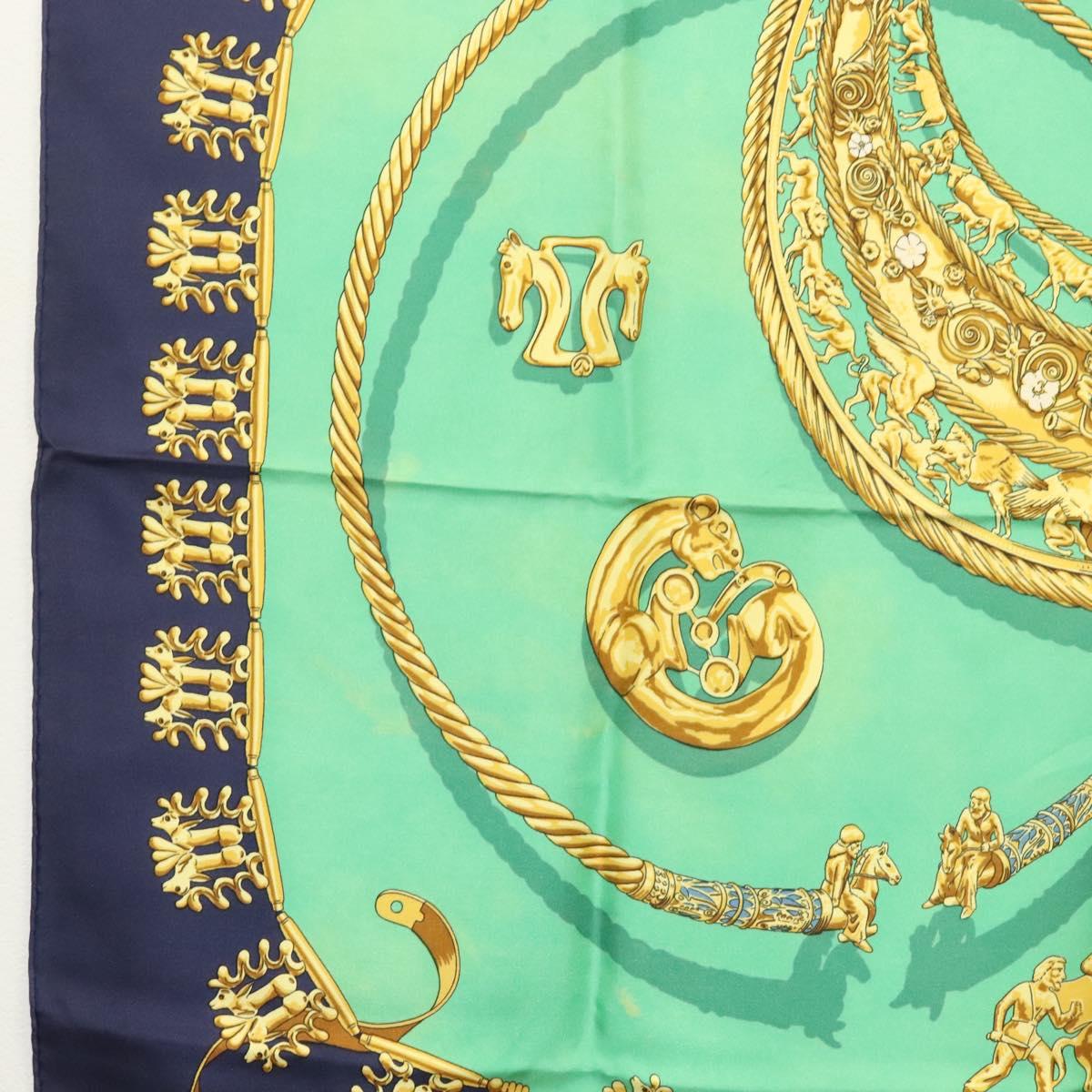 HERMES Carre 90 Scarf ""LES CAVALIERS D'OR"" Silk Green Auth BA5572