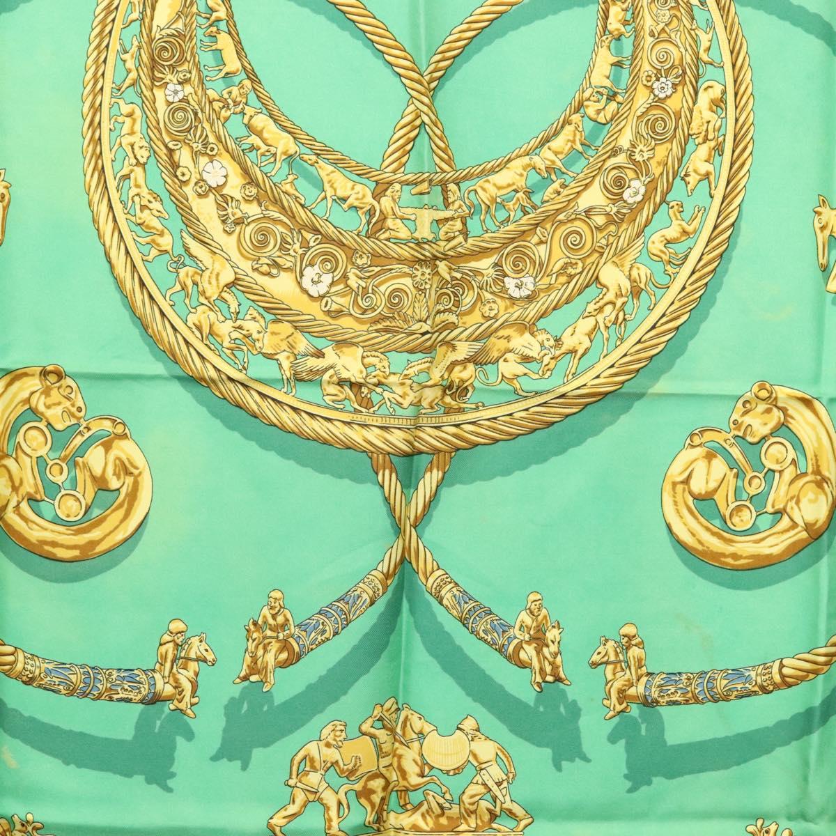 HERMES Carre 90 Scarf ""LES CAVALIERS D'OR"" Silk Green Auth BA5572