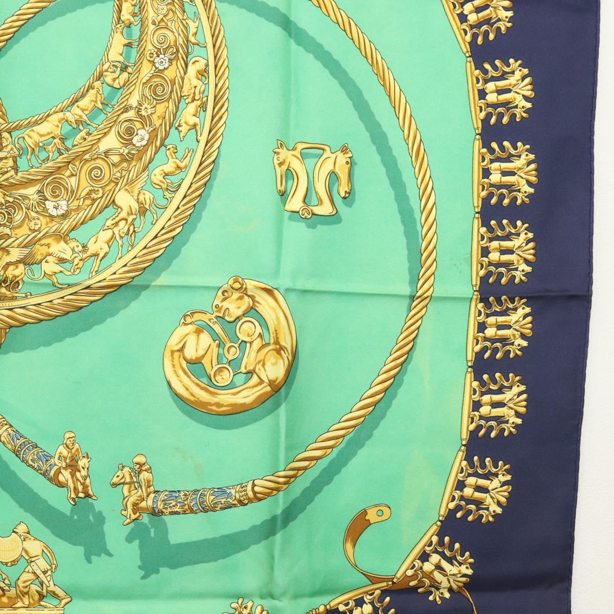 HERMES Carre 90 Scarf ""LES CAVALIERS D'OR"" Silk Green Auth BA5572