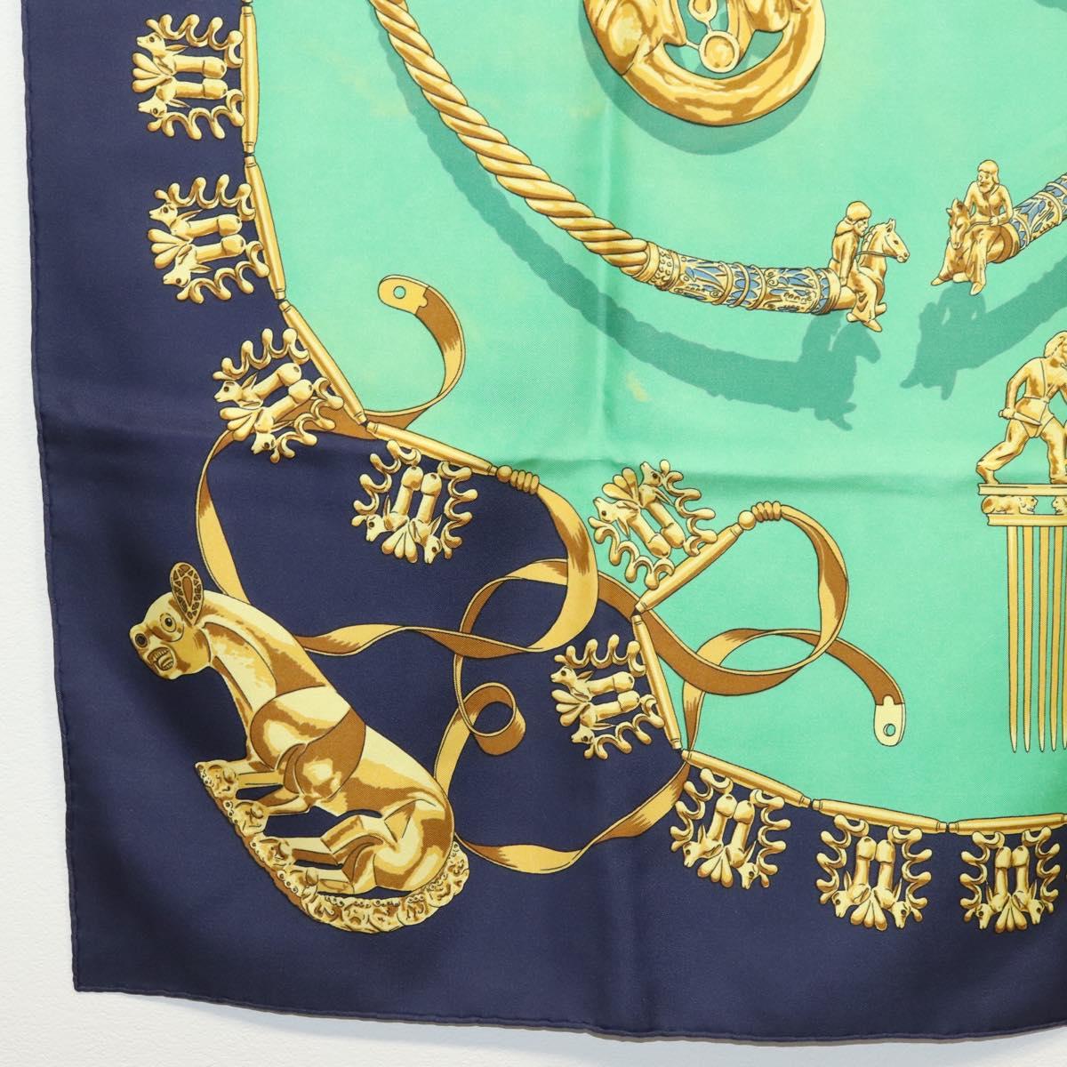 HERMES Carre 90 Scarf ""LES CAVALIERS D'OR"" Silk Green Auth BA5572