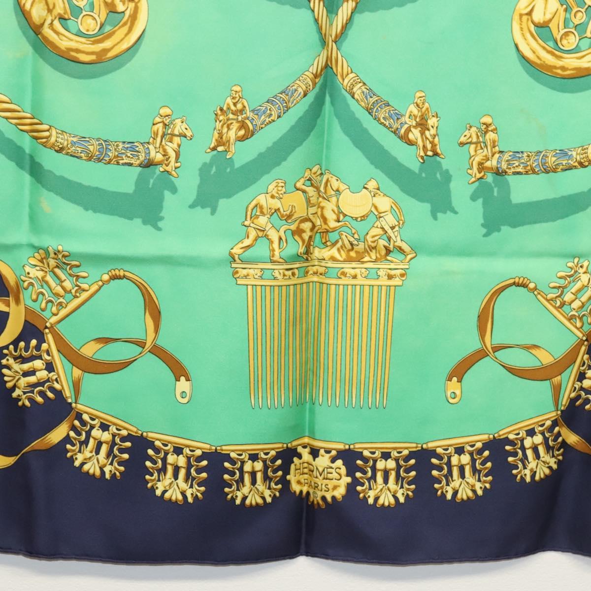 HERMES Carre 90 Scarf ""LES CAVALIERS D'OR"" Silk Green Auth BA5572