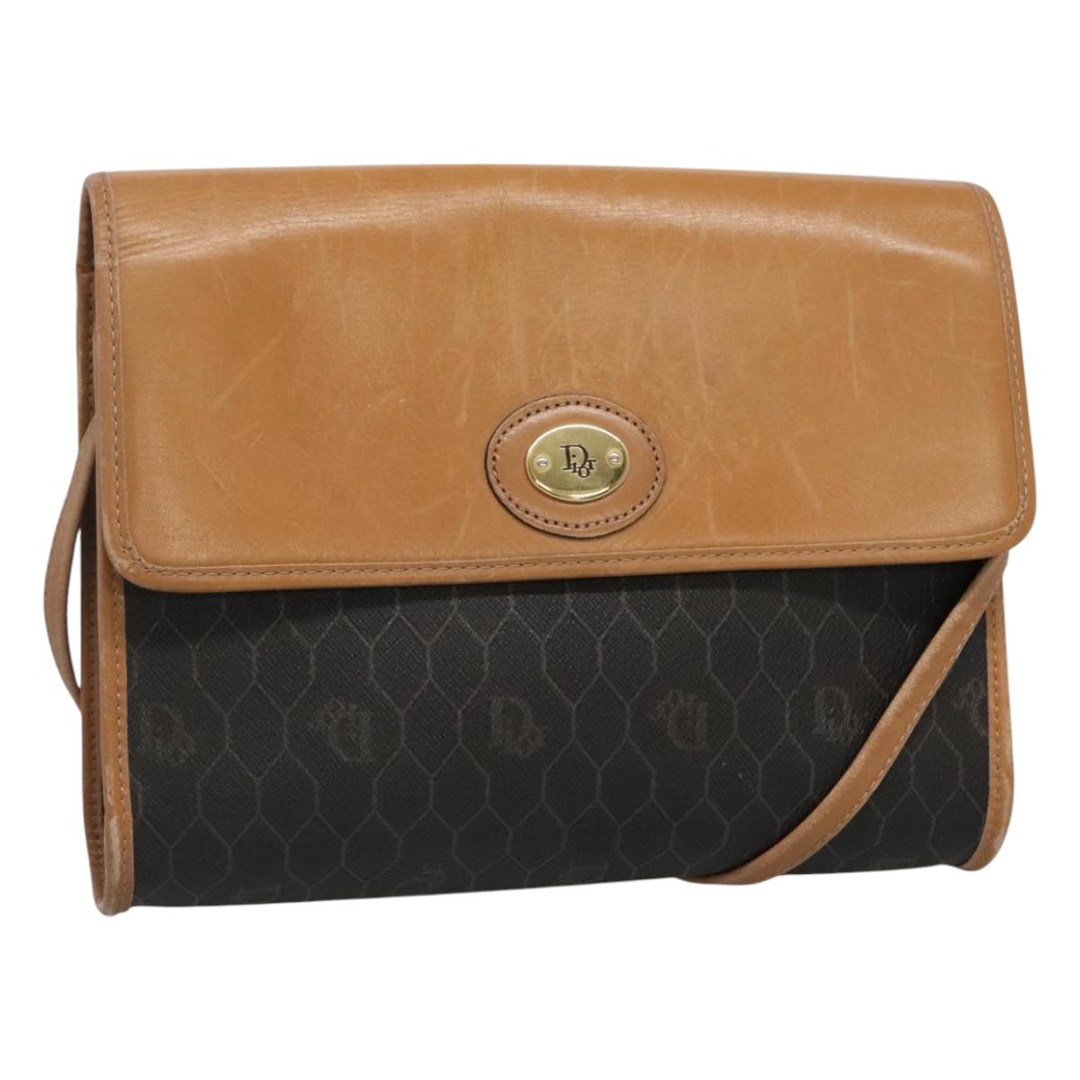 Christian Dior Honeycomb Canvas Shoulder Bag PVC Black Gold Auth BA558