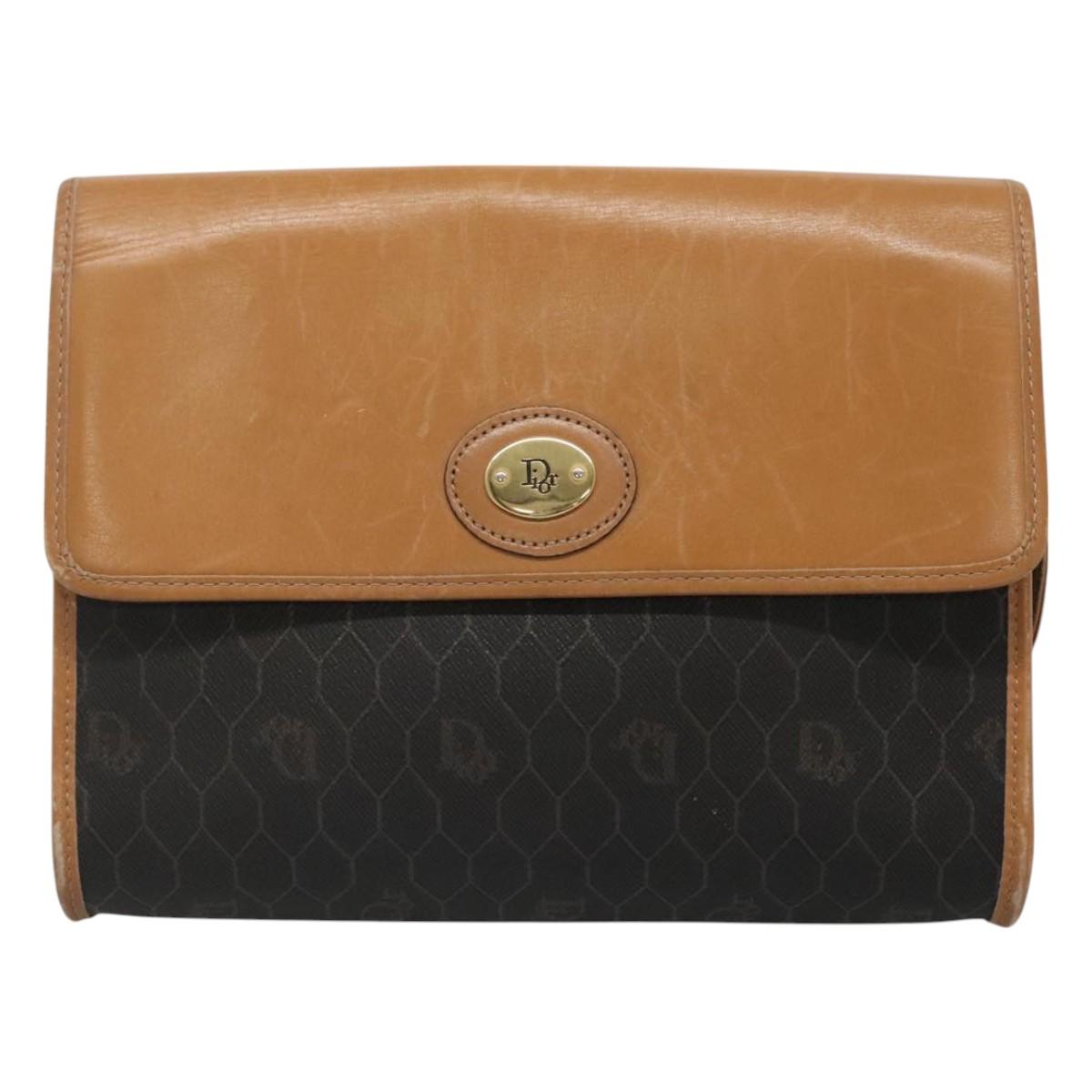 Christian Dior Honeycomb Canvas Shoulder Bag PVC Black Gold Auth BA558