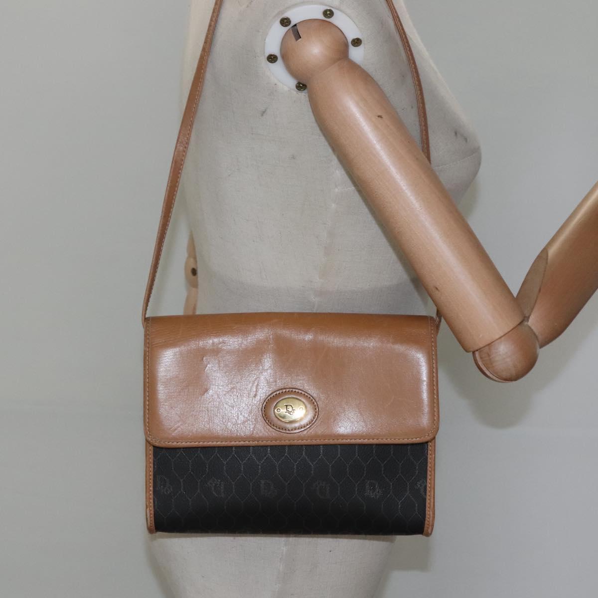 Christian Dior Honeycomb Canvas Shoulder Bag PVC Black Gold Auth BA558