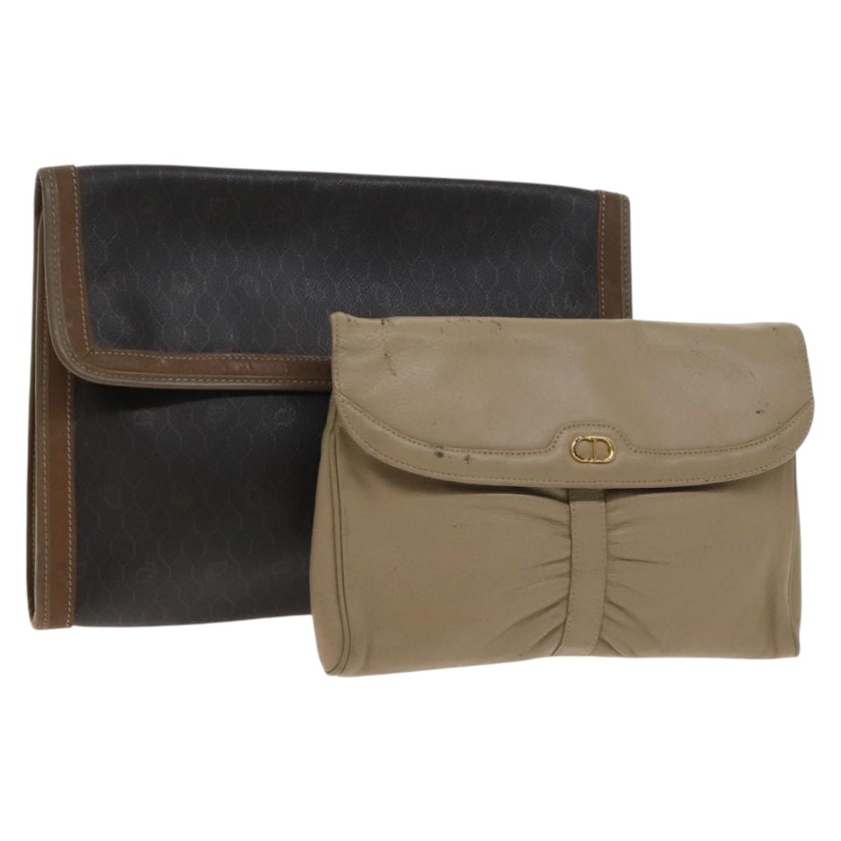 Christian Dior Honeycomb Canvas Clutch Bag Leather 2Set Beige Black Auth BA5589