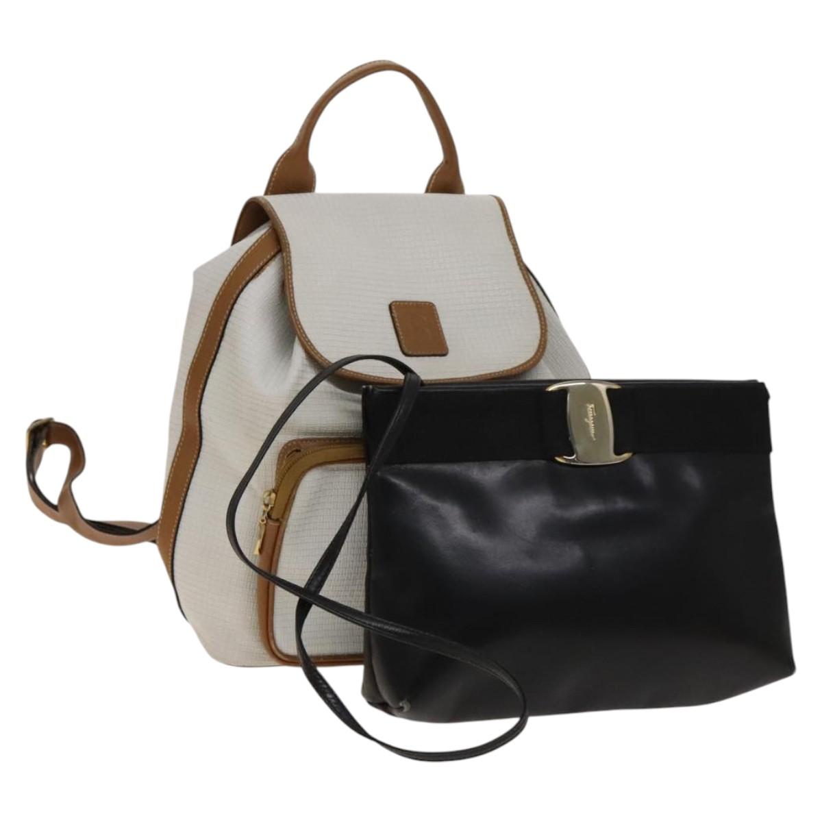 BALLY Ferragamo Shoulder Bag PVC Leather 2Set White Black Auth BA5590