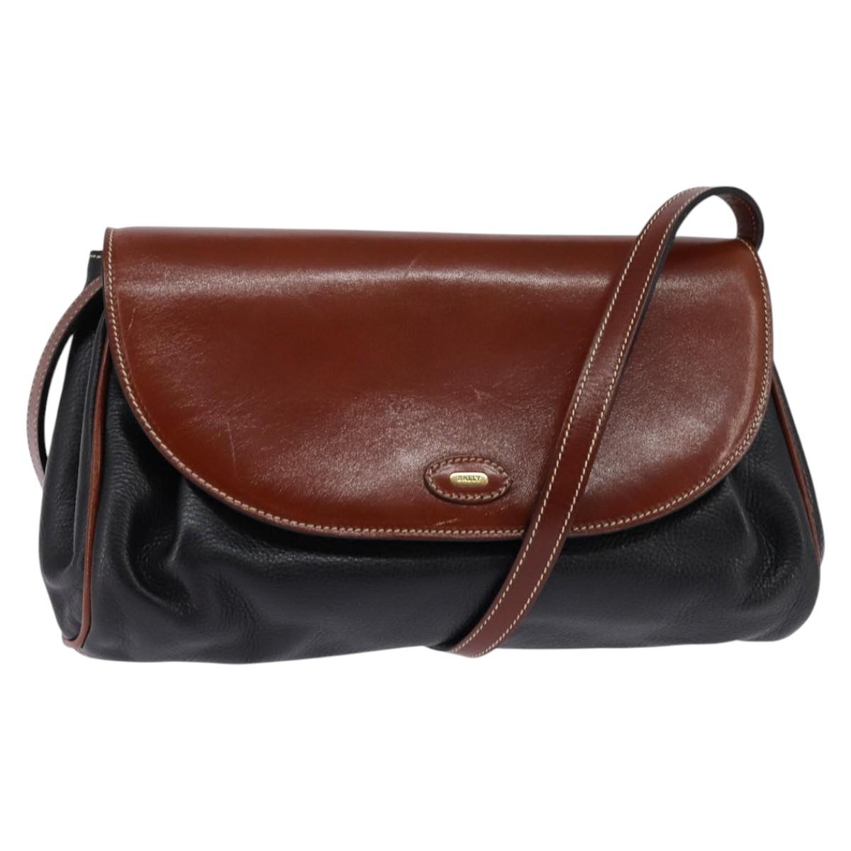 BALLY Shoulder Bag Leather Black Gold Auth BA5594