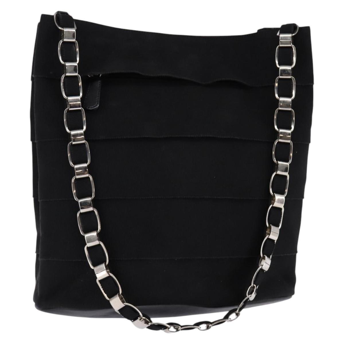 Salvatore Ferragamo Vala Chain Shoulder Bag Canvas Black Silver Auth BA5606