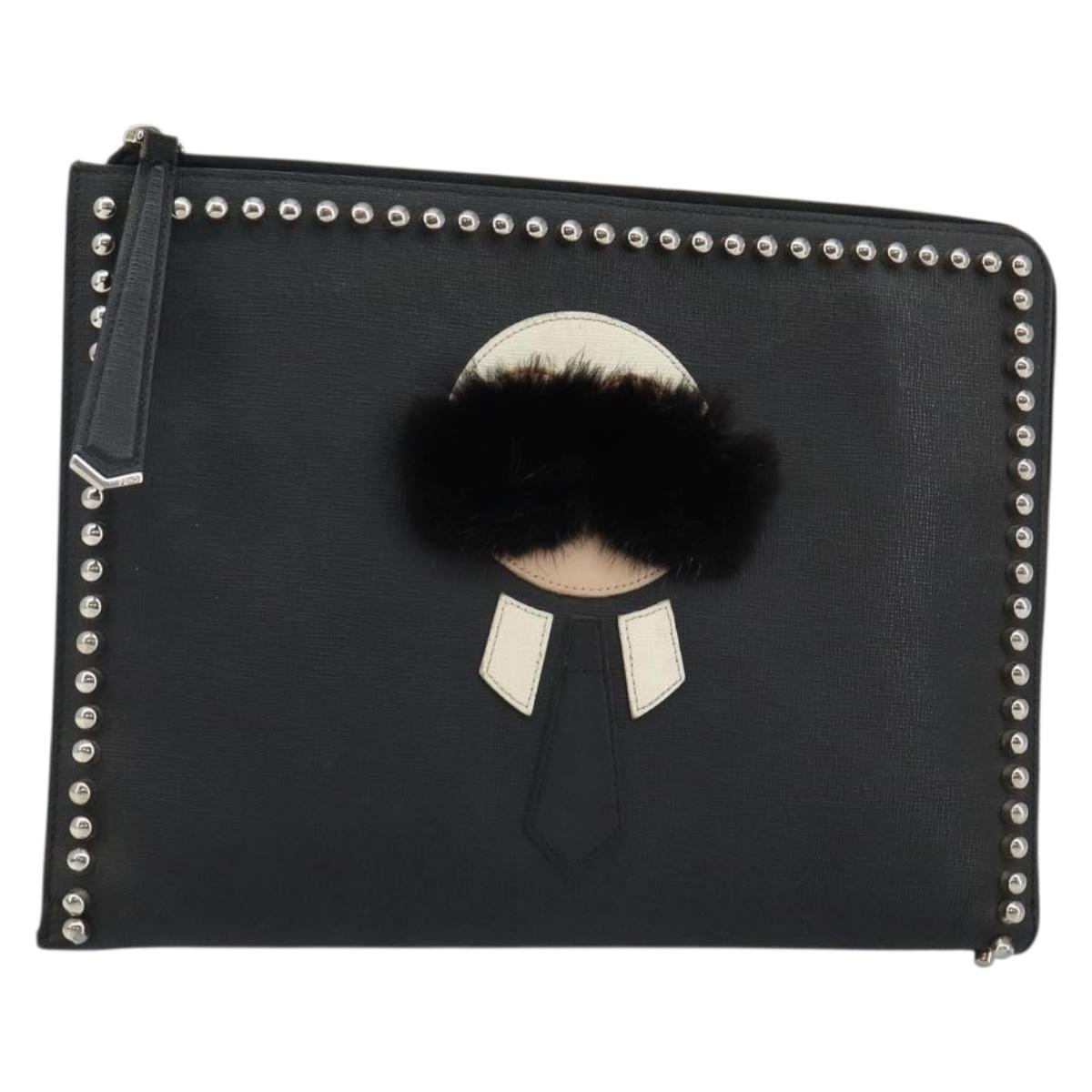 FENDI Karl Lagerfeld Clutch Bag Leather Black Silver Auth BA5613