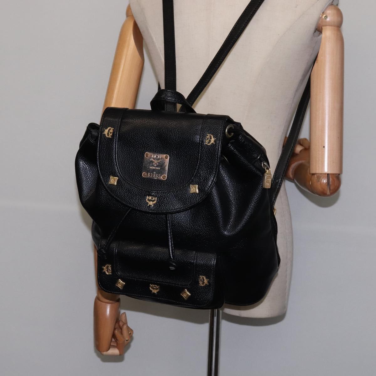 MCM Backpack Leather Black Gold Auth BA5614