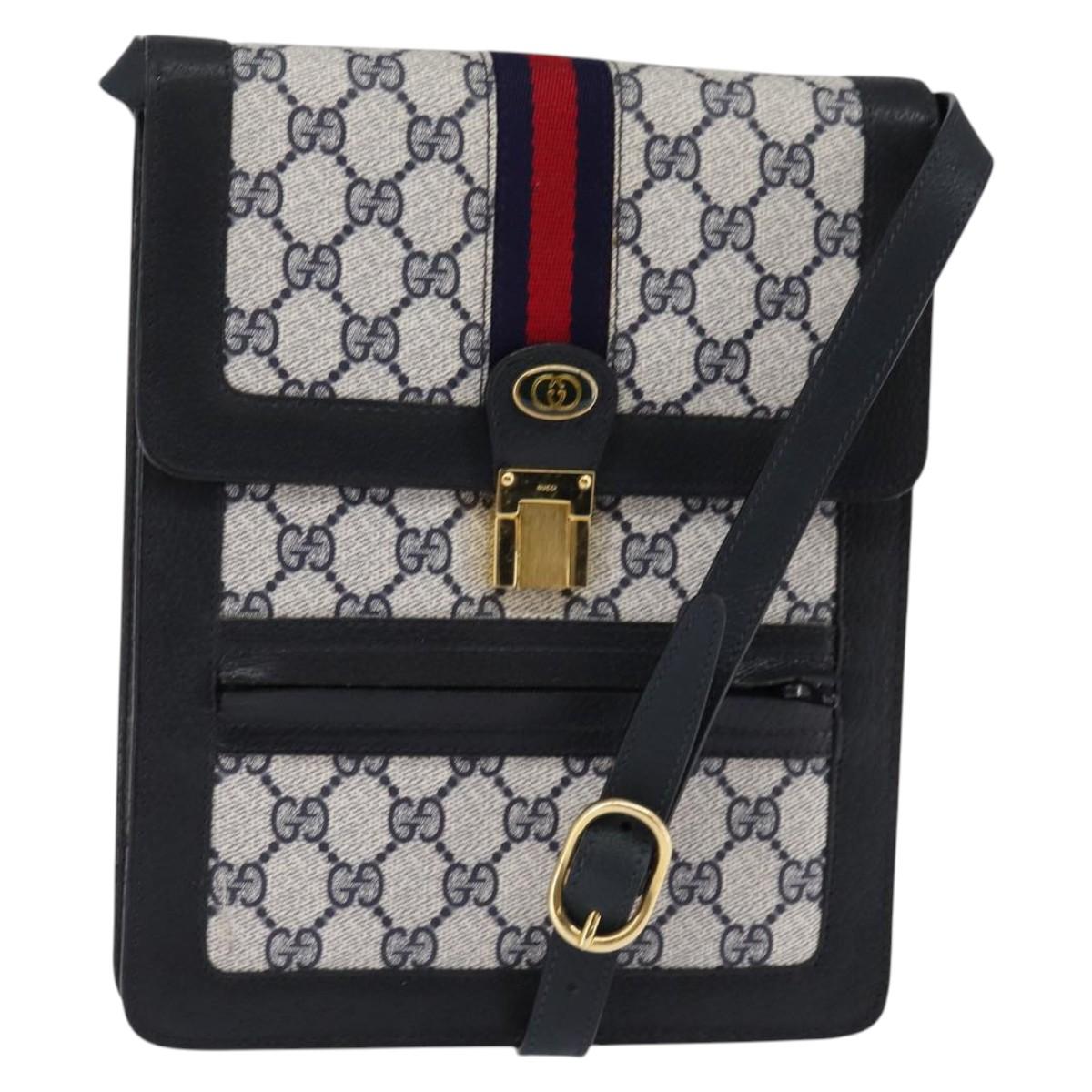 GUCCI GG Supreme Sherry Line Shoulder Bag PVC Navy Gold Red Auth BA5636