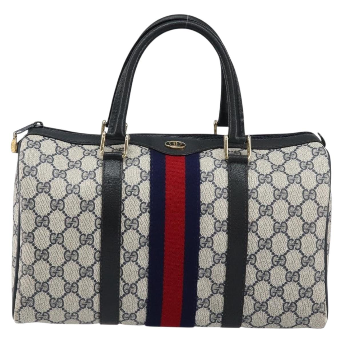 GUCCI GG Supreme Sherry Line Boston Bag PVC Navy Gold Red 40 3842 Auth BA5638