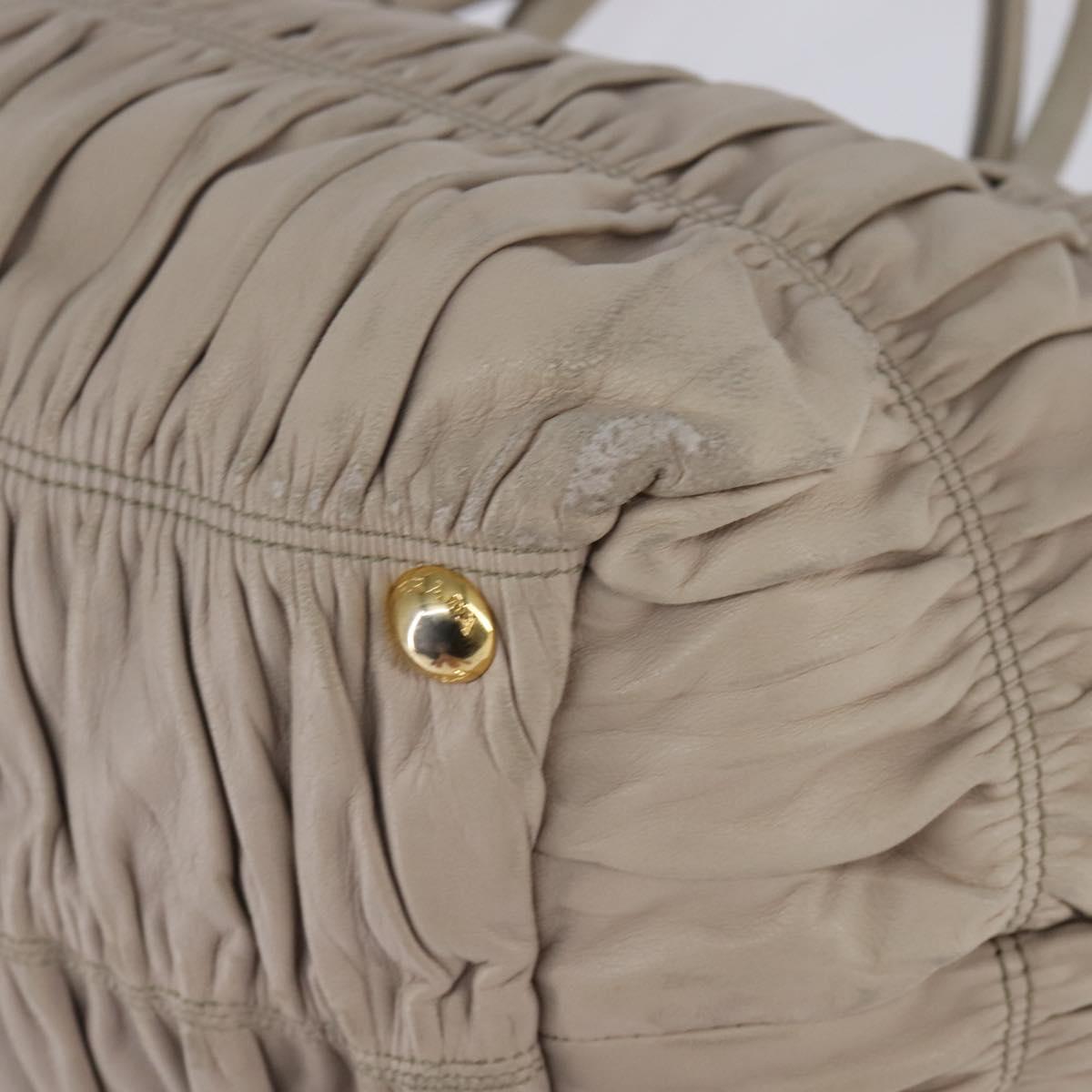 PRADA Gathered Hand Bag Leather 2way Beige Gold Auth BA5654
