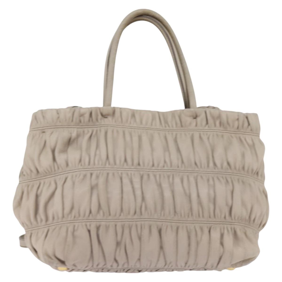 PRADA Gathered Hand Bag Leather 2way Beige Gold Auth BA5654