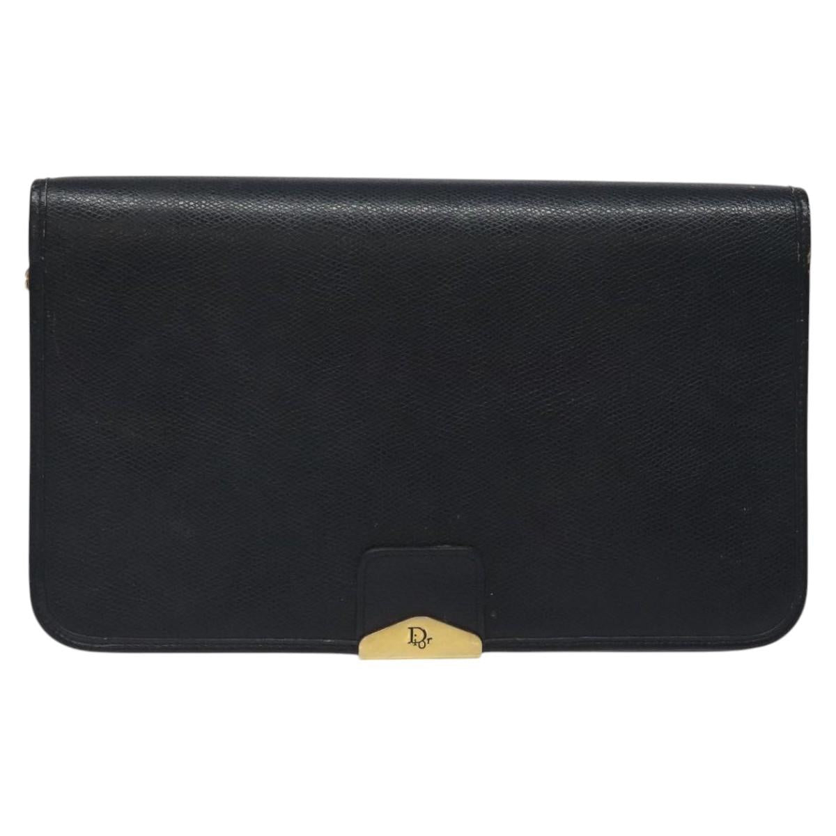 Christian Dior Chain Shoulder Bag Leather Navy Gold Auth BA567