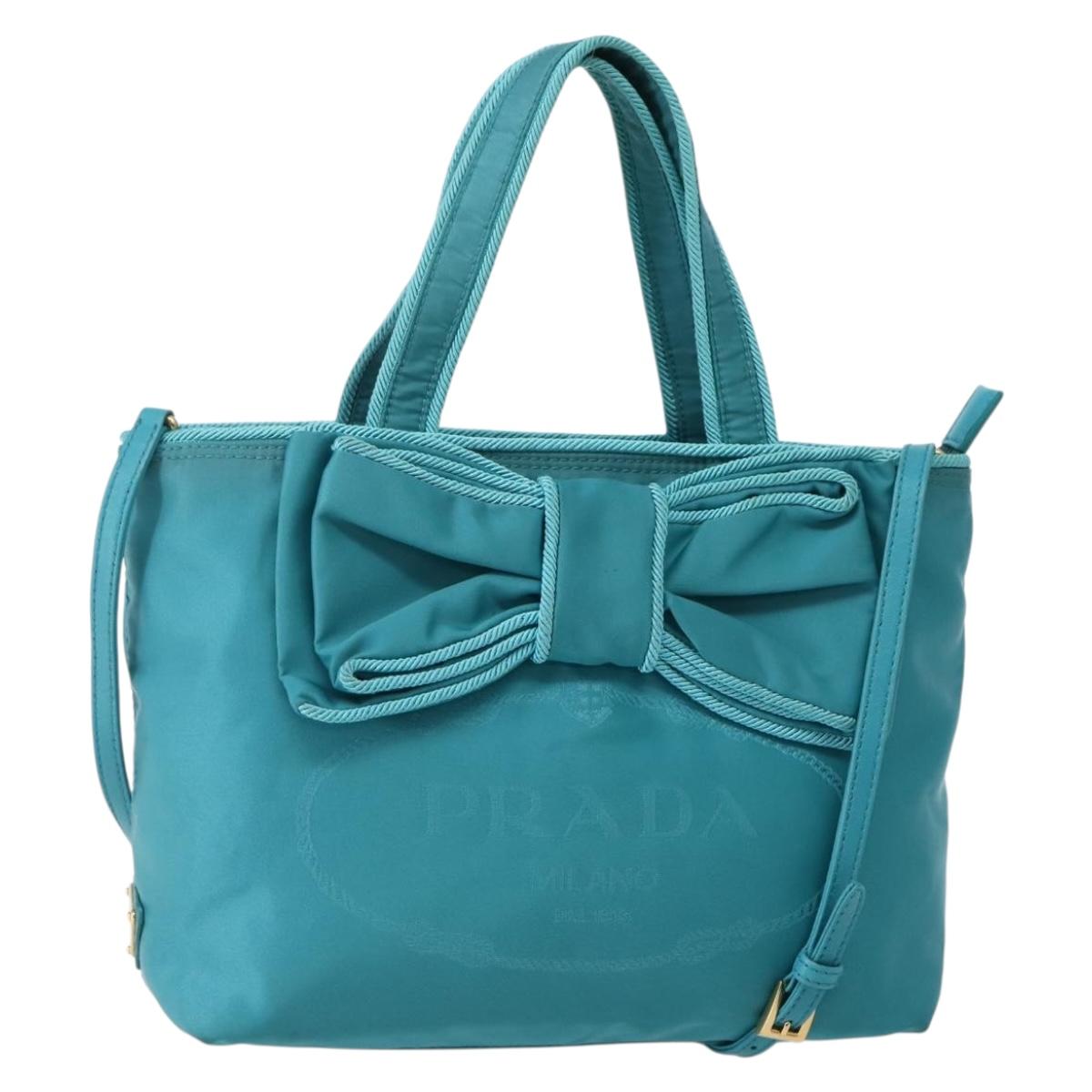 PRADA Hand Bag Nylon 2way Turquoise Blue Gold Auth BA5686
