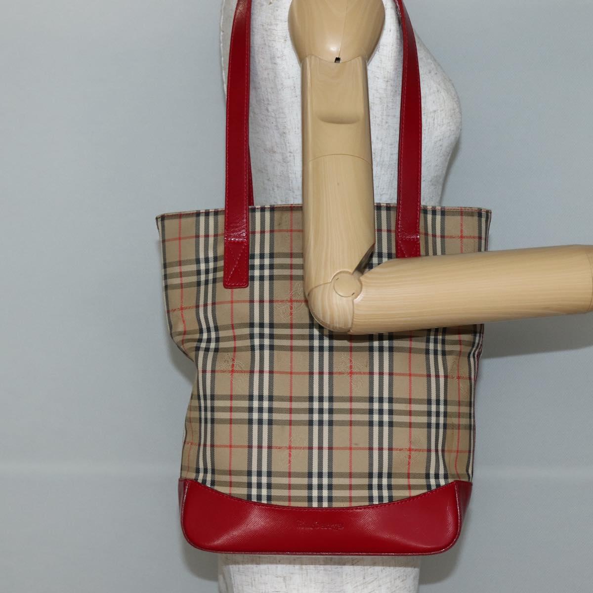Burberrys Nova Check Tote Bag Canvas Beige Red gold Auth BA5696