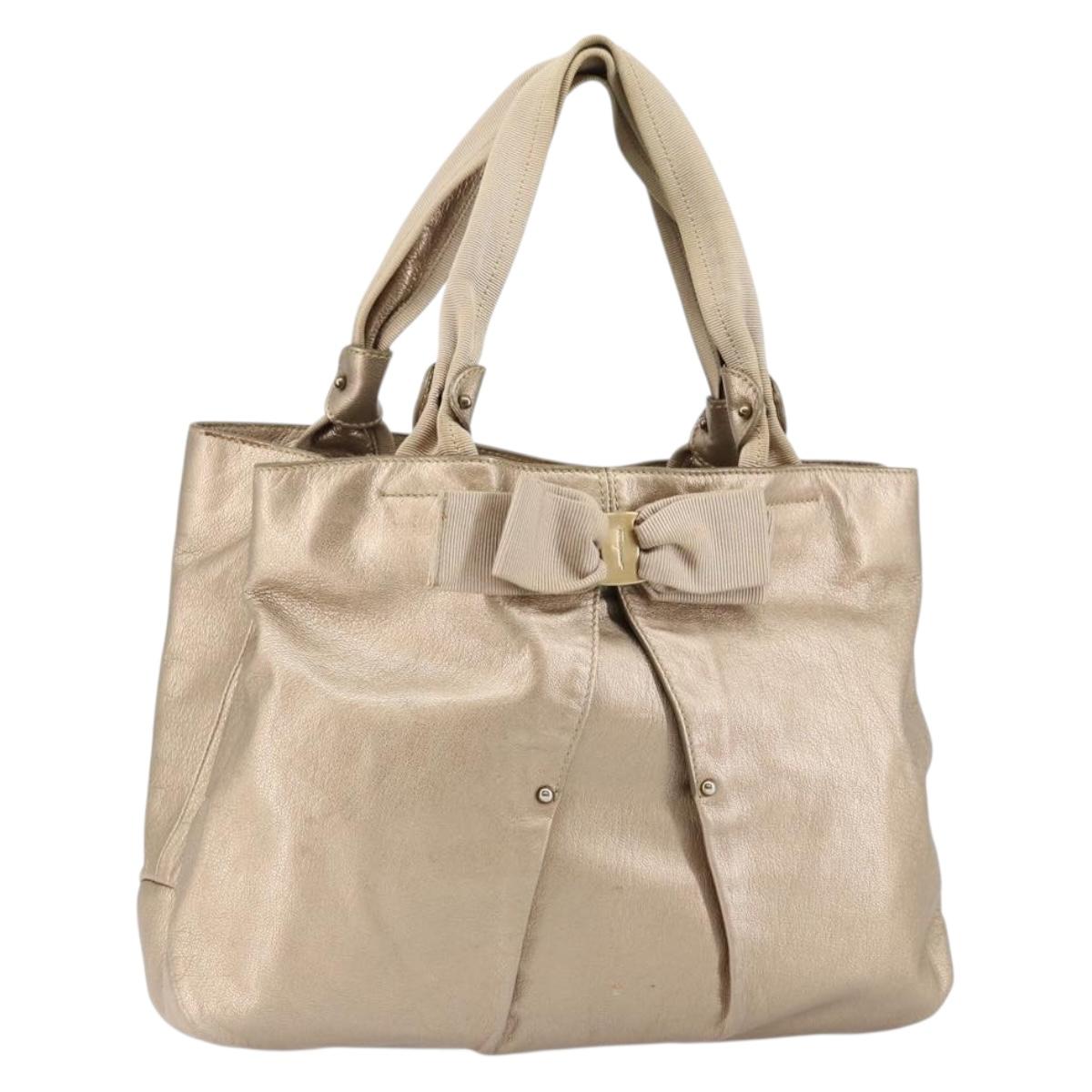Salvatore Ferragamo Vala Hand Bag Leather Beige Gold Auth BA5699