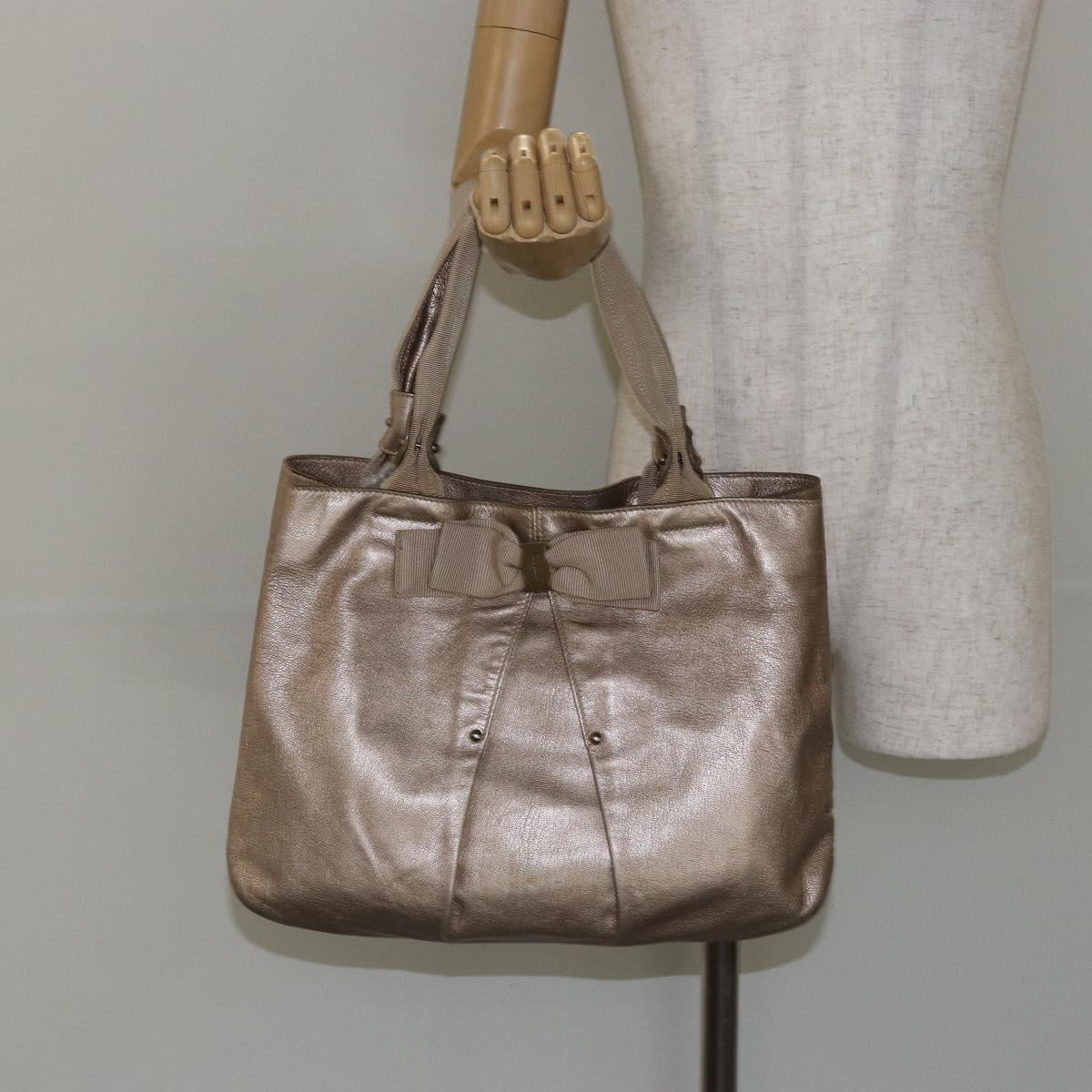 Salvatore Ferragamo Vala Hand Bag Leather Beige Gold Auth BA5699