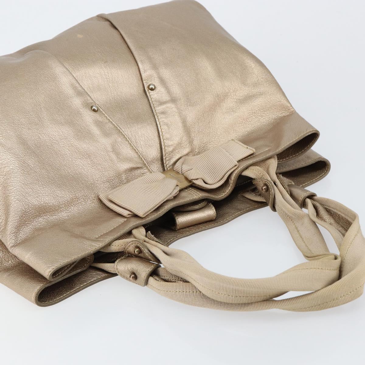 Salvatore Ferragamo Vala Hand Bag Leather Beige Gold Auth BA5699