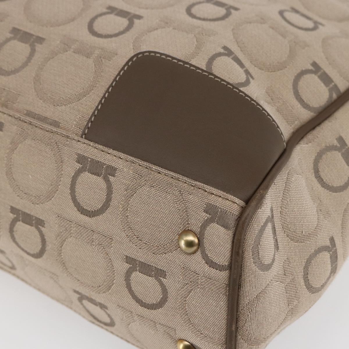 Salvatore Ferragamo Gancini Tote Bag Leather Canvas Beige Gold Auth BA5709