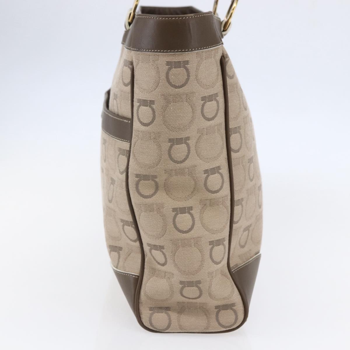 Salvatore Ferragamo Gancini Tote Bag Leather Canvas Beige Gold Auth BA5709