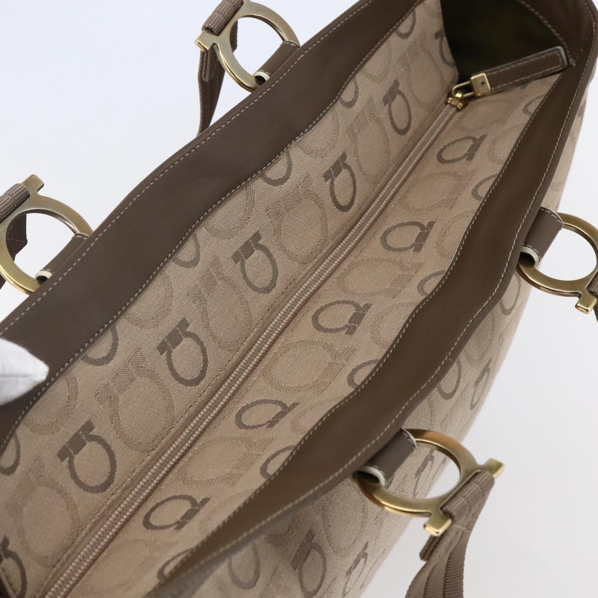 Salvatore Ferragamo Gancini Tote Bag Leather Canvas Beige Gold Auth BA5709