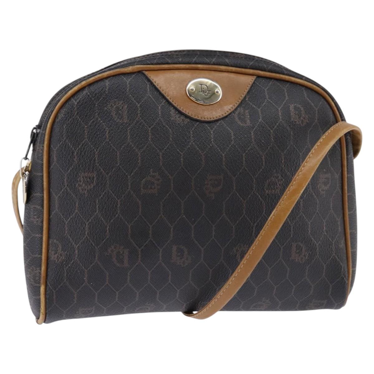 Christian Dior Honeycomb Canvas Shoulder Bag PVC Black Gold Auth BA5741