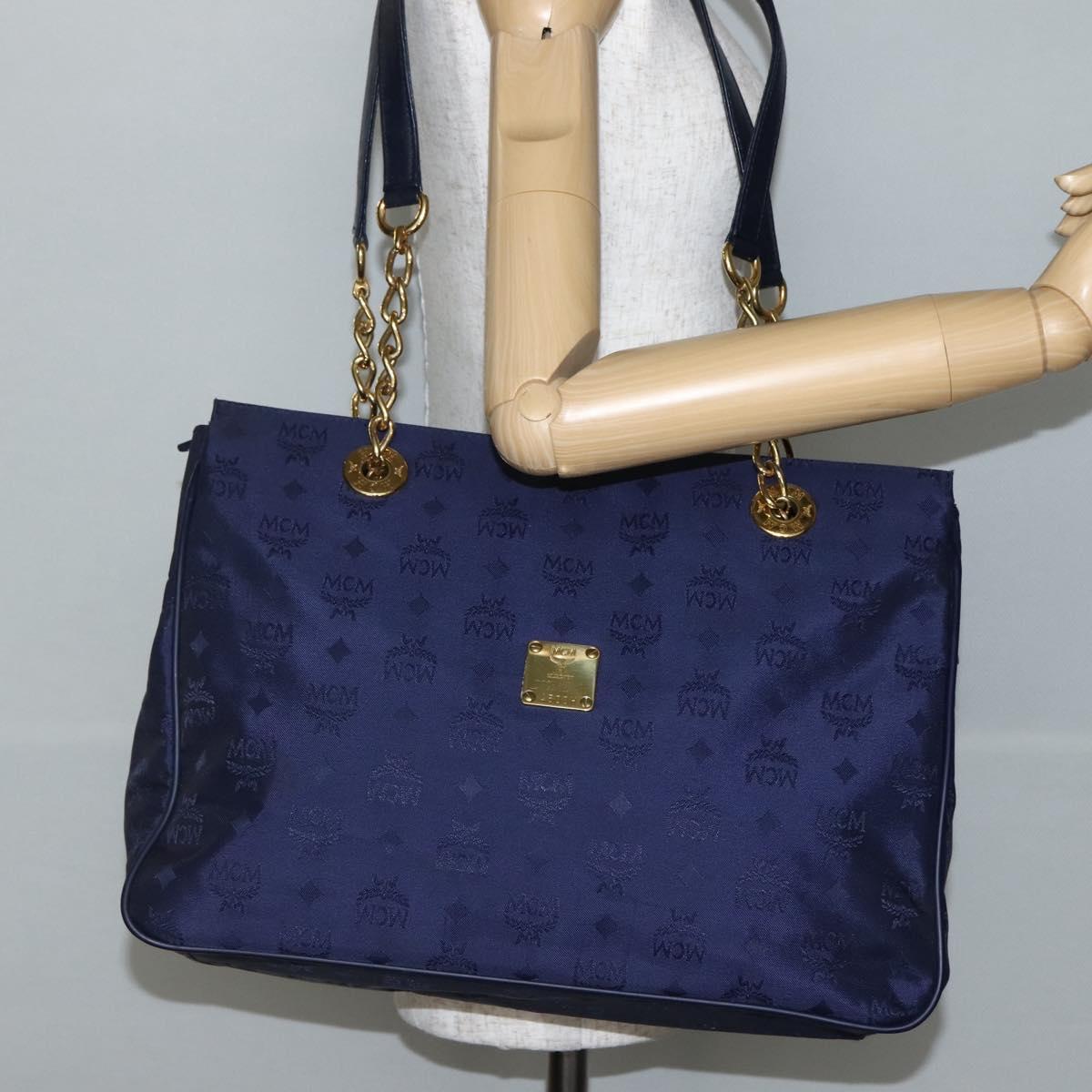 MCM Vicetos Logogram Tote Bag Canvas Navy Gold Auth BA5744