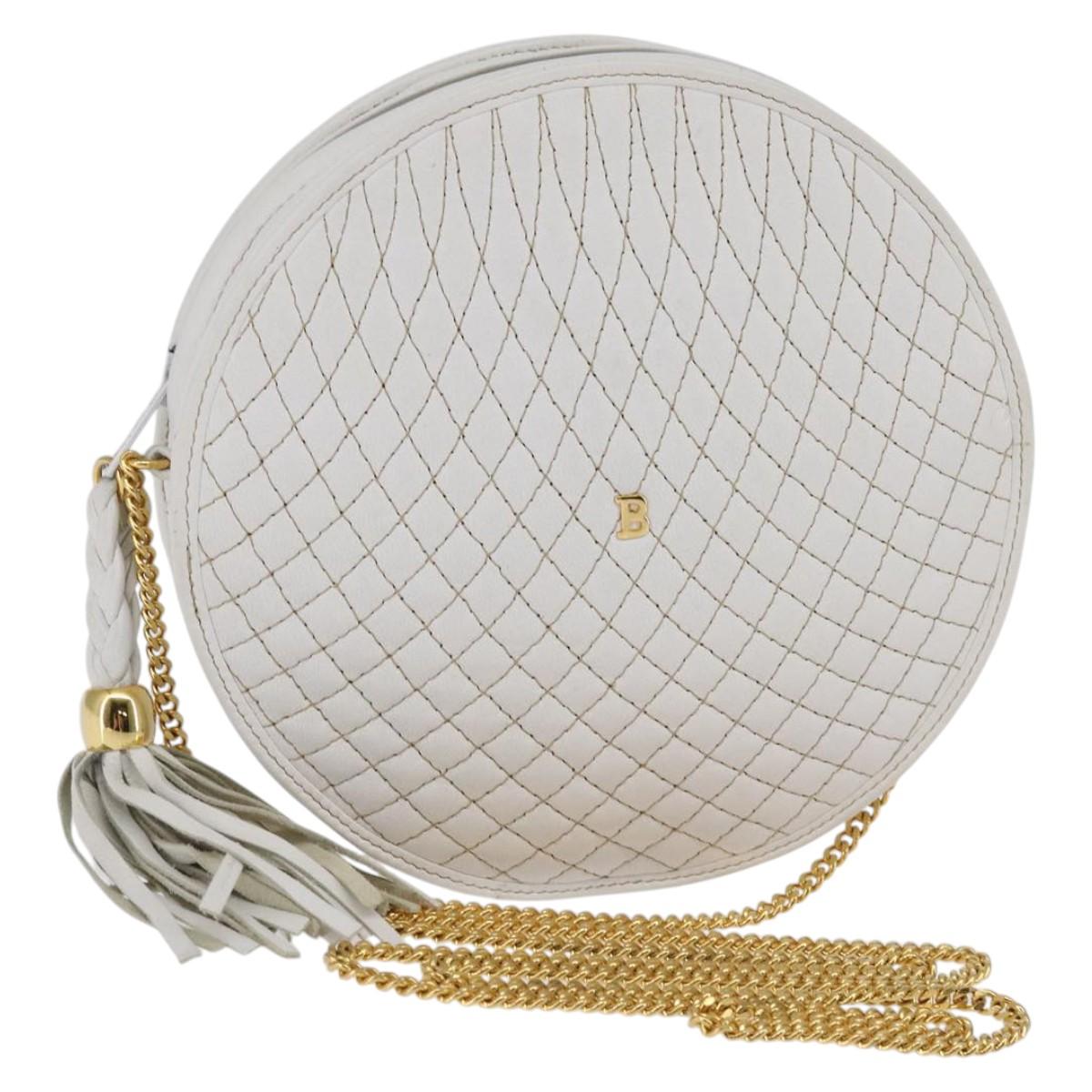 BALLY Chain Shoulder Bag Leather White Gold Auth BA5745
