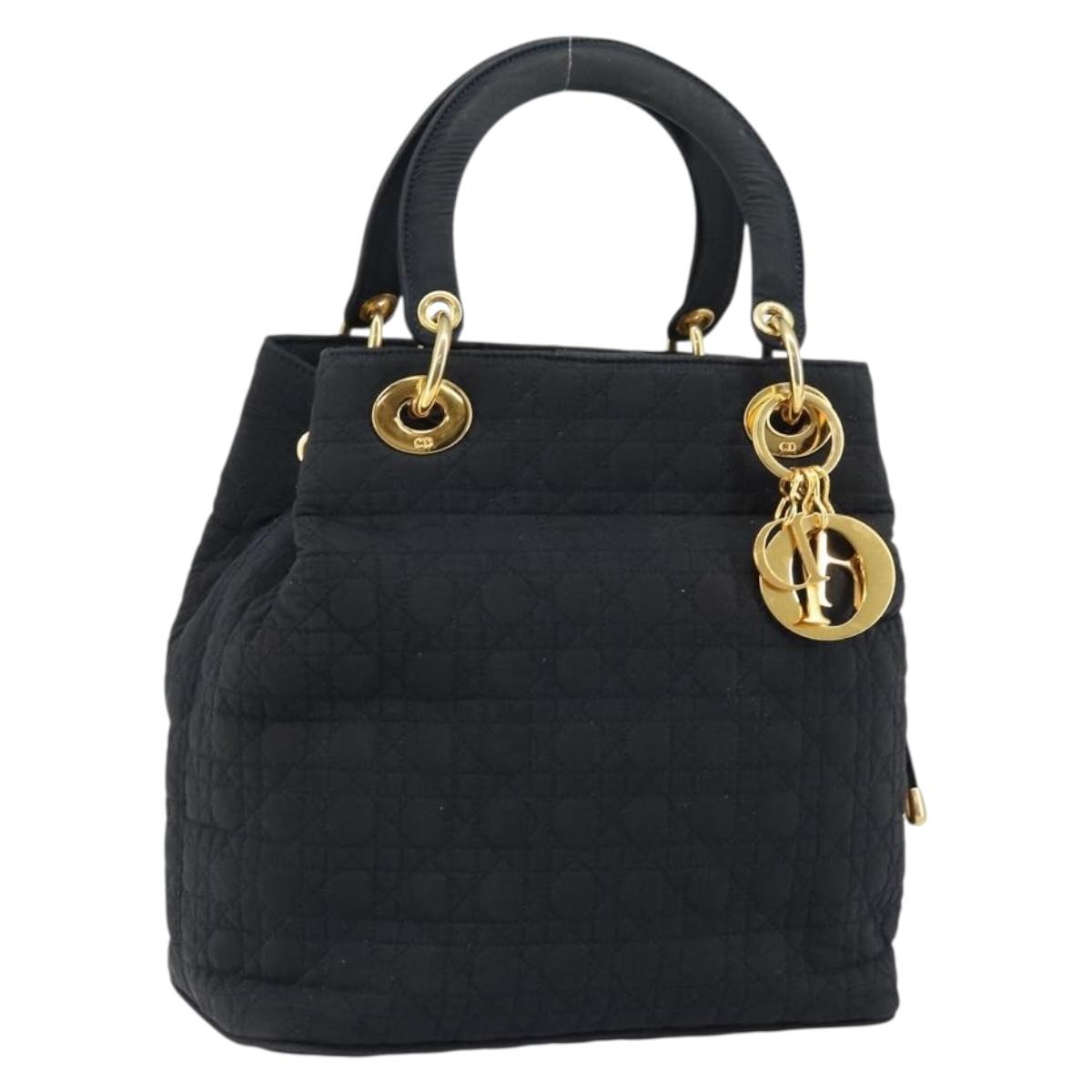 Christian Dior Lady Dior Canage Hand Bag Nylon Black Gold Auth BA5759