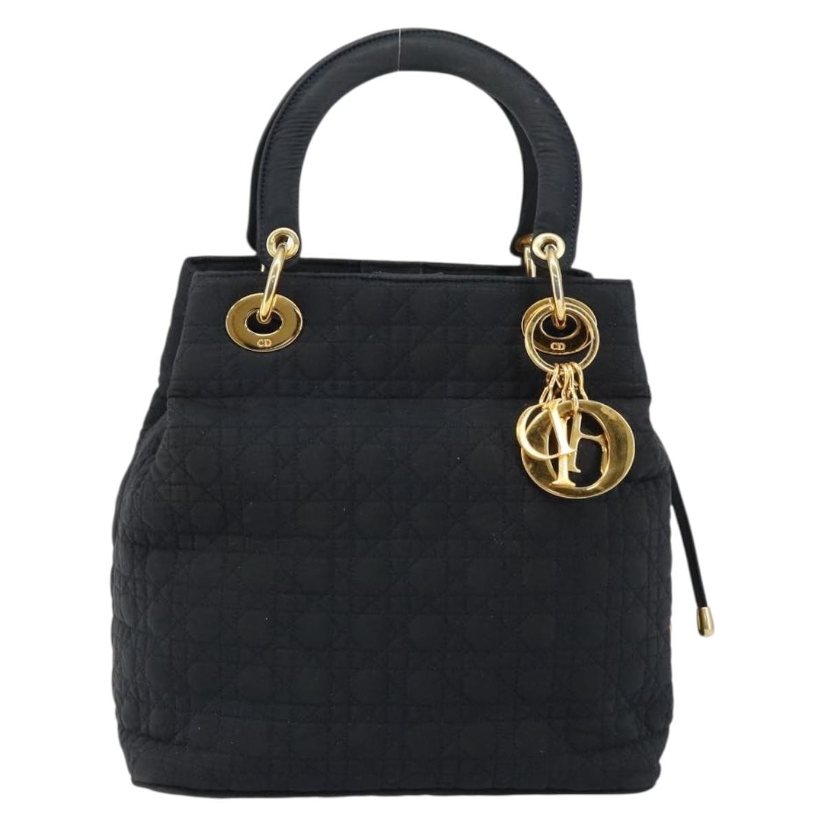 Christian Dior Lady Dior Canage Hand Bag Nylon Black Gold Auth BA5759