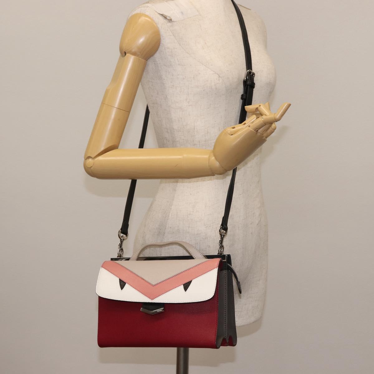 FENDI Demi Jour Bag Bugs Monster Hand Bag Leather 2way Red Silver Auth BA5782