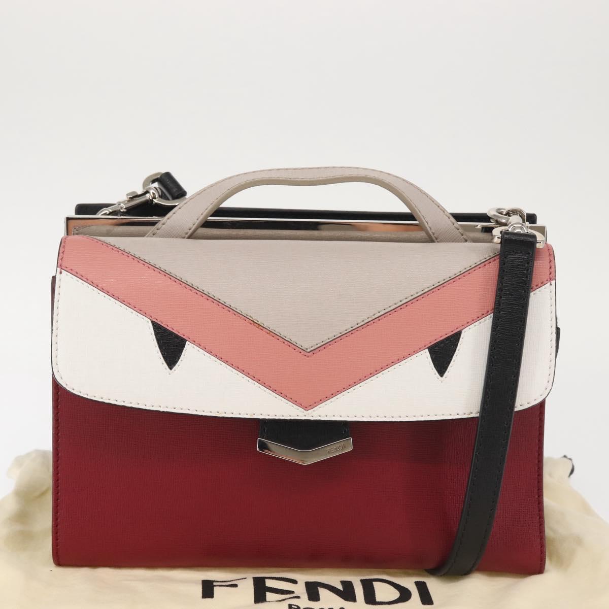 FENDI Demi Jour Bag Bugs Monster Hand Bag Leather 2way Red Silver Auth BA5782
